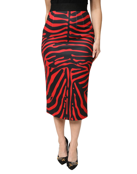 Dolce & Gabbana Rot-Schwarz Zebra-Print Polyester Bleistift Midi-Rock