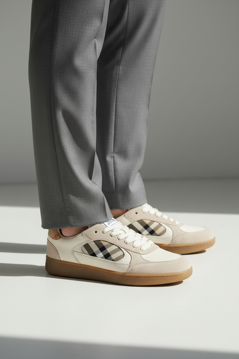 Burberry Beige Calf Leather Bos Taurus Low Top Sneakers